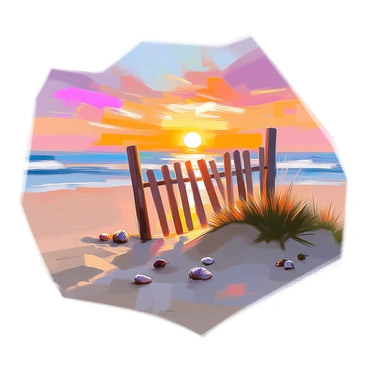 A sandy beach stretches out under a vibrant sunset sky, with warm hues of orange, pink, and purple casting reflections on the gentle waves. In the foreground, a rickety wooden fence, weathered and worn, stands at an angle, partially buried in the soft sand. The beach is dotted with small tufts of grass and seashells scattered along the shoreline. The sun is low on the horizon, creating a shimmering path of light across the water as it meets the sky.