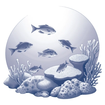 An underwater scene featuring a variety of fish swimming among intricate coral formations. The fish exhibit different shapes and sizes, each displaying unique patterns and textures. The coral reefs are diverse, with a mix of branching and brain corals, creating a rich habitat. Sunlight filters down through the water's surface, casting light patterns and illuminating the aquatic life. The composition captures the dynamic movement of the fish as they navigate through the vibrant coral environment.