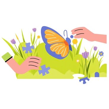 A colorful jigsaw puzzle featuring pieces scattered around a half-completed image of a butterfly. The butterfly displays vibrant orange and blue wings with intricate patterns. The background reveals a sunny meadow filled with green grass and a variety of wildflowers. A few puzzle pieces lie flat on the grass, while hands are shown approaching to place a piece into the puzzle.