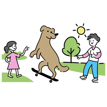 A brown dog with a shiny coat is confidently riding a skateboard in a park. The dog is standing on the skateboard, balancing on its hind legs, with its front paws raised in the air. Surrounding the dog, lush green grass covers the ground, and a few trees are visible in the background. The sun is shining brightly, casting soft shadows on the ground. A couple of children nearby are watching and smiling, pointing at the dog with excitement.