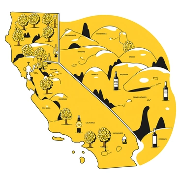 A detailed map of California's wine country featuring rolling hills covered in neatly organized vineyards. Each vineyard is represented by clusters of green and yellow grapevines. Scattered across the map are various wine bottles, some upright and others tilted, displayed at different points to indicate wineries. The map includes labels for prominent towns and wine regions, highlighted with clear text. The terrain varies with patches of white indicating paths and roads that wind through the vineyards, adding depth to the landscape.