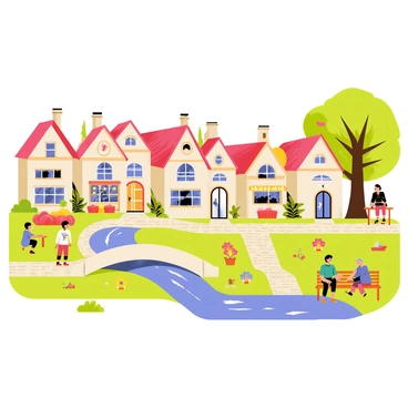 A charming storybook village with a row of quaint cottages featuring sloping roofs and colorful facades. The cottages are surrounded by blooming flower gardens, with vibrant red and yellow flowers dotting the landscape. Cobblestone streets wind through the village, lined with small wooden market stalls selling fresh produce. A gentle stream flows through the village, with a small wooden bridge arching over it. Children can be seen playing near the stream, while a couple of villagers chat on a nearby bench under a large tree.