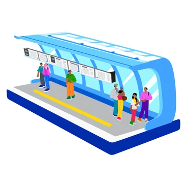 A sleek and modern metro station featuring futuristic architecture. The station has smooth, curved lines and large glass panels that allow natural light to flood the interior. Bright, integrated LED lighting illuminates the space, creating a vibrant atmosphere. The platform has sleek, metallic benches and digital information displays. People are waiting for trains, some are standing while others are seated, all surrounded by the striking architectural design.