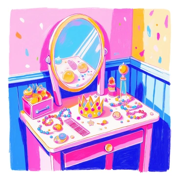 A child's play vanity is set against a bright wall, designed with pastel colors and playful patterns. The vanity features a small mirror with a rounded top, reflecting the room. On the table, there are various pieces of colorful costume jewelry, including beaded necklaces, sparkling bracelets, and playful earrings scattered around. A shiny tiara, decorated with faux gems, sits prominently in the center of the vanity. The surface of the table is adorned with small, plush toys and a comb, adding to the playful atmosphere.