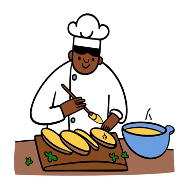 A chef in a hat carefully brushing garlic butter on bread slices