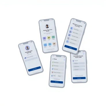 A series of app screens showcasing a mobile banking application interface. The first screen displays a clean layout with a welcome message, "Welcome to Your Bank," alongside the user's profile picture. The second screen features a dashboard with icons representing account balances, recent transactions, and a "Transfer Funds" button, all in a sleek and modern design. The third screen highlights the transaction details, showing a list of recent transactions with dates, amounts, and merchant names. The final screen presents an option for setting up bill payments, with a prominent "Set Up Bill Payment" button and fields for entering payment details. The overall color scheme is a combination of soft blues and whites, with a user-friendly design.