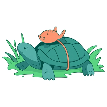 A teal turtle with a sturdy shell is slowly making its way through a field of green grass. Tied to the turtle's shell is a small orange baluchon, which is neatly secured with a rope. The grass around the turtle is lush and vibrant, swaying gently in the breeze. The turtle's head is protruding slightly as it navigates through the greenery, and its legs are moving methodically in a determined manner.