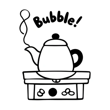 A classic teapot resting on a stove, steam rising from its spout and curling upward. The word "Bubble!" is displayed prominently above the teapot, capturing the essence of the brewing process. The stove has knobs and a surface texture visible, adding to the scene's detail.