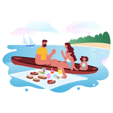 A family of four is seated comfortably on an outrigger canoe, surrounded by a tranquil bay with gentle waves. The parents are wearing bright summer clothing, while the children are dressed in playful swimsuits. A colorful picnic spread is laid out on a blanket, featuring sandwiches, fruits, and drinks. In the background, lush greenery lines the shore, and a few distant sailboats can be seen peacefully bobbing in the water. The sky is filled with soft, gradient pastel colors, reflecting the calm ambiance of the scene.