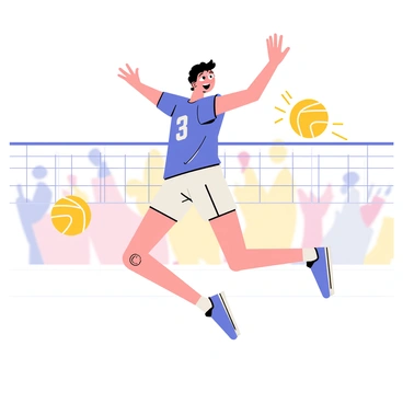 A player mid-air in a dynamic pose, executing a powerful spike over a volleyball net. The player is wearing a bright blue jersey and white shorts, with sweat visible on their forehead, indicating intense effort. Their arms are fully extended, with one hand striking the volleyball, which is yellow and in motion. The net is tightly drawn, with the background featuring a blurred crowd cheering in excitement, creating a vibrant atmosphere around the game.