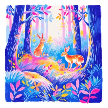 A dense forest scene filled with various trees, their trunks thick and textured with deep grooves. Lush green foliage surrounds the scene, with leaves of different shapes and sizes creating a vibrant canopy above. Hidden among the branches are animals cleverly camouflaged; a brown rabbit blends in with the earthy tones of the underbrush, while a deer with spotted fur is partially obscured by the dappled sunlight filtering through the leaves. A small owl perches quietly on a branch, its feathers matching the bark of the tree. Various insects and small creatures can also be seen blending into the environment, showcasing the intricate connections between the animals and their habitat.