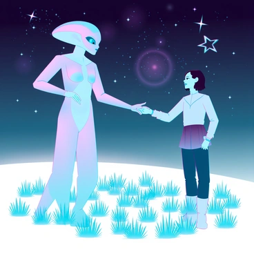 An alien with smooth, iridescent skin and large, multifaceted eyes extends a slender hand towards a human. The human, wearing a futuristic silver suit, looks intrigued and slightly hesitant, their hand poised to meet the alien's. The starry sky above is filled with bright stars, and distant galaxies swirl in vibrant colors. The ground beneath them is covered in luminous blue grass that glows softly in the low light, creating a surreal atmosphere for this interspecies encounter.