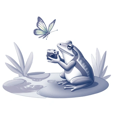 A bullfrog sitting on a lily pad in a pond. The bullfrog is holding a small camera in its front webbed feet, aiming it toward a colorful butterfly fluttering nearby. The butterfly has intricate patterns on its wings, and it is hovering in mid-air, caught in a moment of stillness. The background features lush green foliage and gentle ripples on the water's surface, creating a natural setting for this unusual scene.