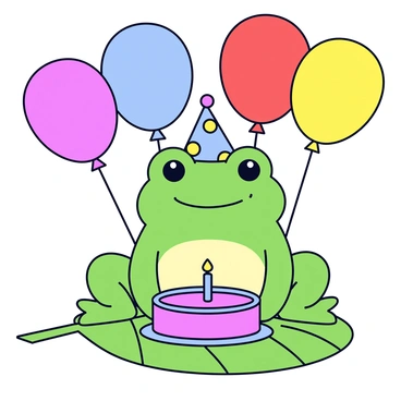 A green frog with big, round eyes is sitting on a leaf. In front of the frog is a small round cake with pink frosting and a single blue candle on top. Surrounding the cake are four colorful balloons in red, yellow, blue, and green. The frog is wearing a tiny party hat decorated with polka dots.