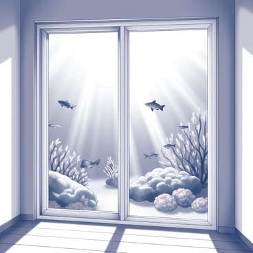 A large window is positioned in the middle of a room, framed with simple white trim. Sunlight streams through the glass, illuminating the space. Outside the window, a vibrant underwater ocean scene is visible. Various fish of different sizes and shapes swim gracefully among swaying seaweed. Coral formations add texture to the background. Sunbeams penetrate the clear water, creating shimmering patterns on the ocean floor. The room itself features neutral-colored walls and a wooden floor, with minimal furnishings that complement the view.