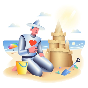 The Tin Man, made of shiny silver metal, is kneeling on a sandy beach while constructing a sandcastle. He has a funnel-shaped hat and a heart-shaped emblem on his chest. The sandcastle is intricately designed, featuring tall towers and a wide moat around it. Sunlight is casting warm rays on the beach, creating a glistening effect on the sand. In the background, gentle waves are lapping at the shore, and a few colorful beach umbrellas are dotting the scene. A bright yellow bucket and a blue shovel are placed beside the Tin Man, ready for use.