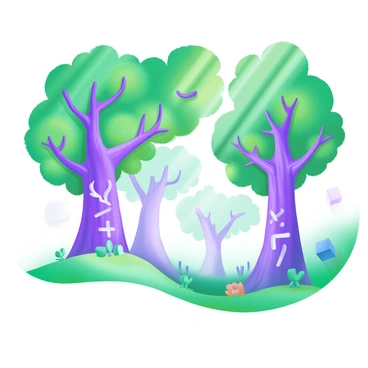 A dense forest scene with tall trees whose trunks and branches are intricately shaped to resemble various mathematical equations. The trees are lush and green, with vibrant leaves filtering the sunlight. Some branches intertwine to create symbols like "+" and "√" while others form complex equations that stretch along the trunk. The forest floor is covered in soft moss and small wildflowers, with sunlight casting dappled shadows. In the background, a gentle mist adds a mystical quality to the scene.