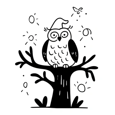A wise owl perched on a thick tree branch, with intricate feather patterns visible on its body. The branch is textured and gnarled, adding detail to the natural setting. Surrounding the owl are multiple small glowing orbs, illuminating the space with light effects that suggest a magical atmosphere. The background features outlines of leaves and faint tree silhouettes, enhancing the depth of the scene.