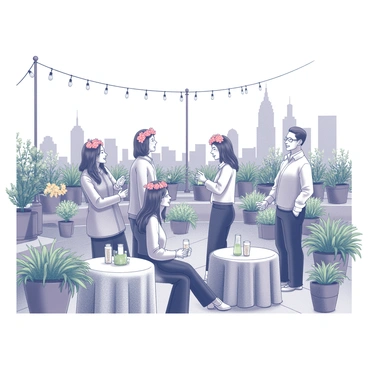 A rooftop garden filled with various plants and flowers in pots and planters. In the foreground, several attendees are enjoying the party, each wearing modern flower crowns made of vibrant flowers. The individuals are engaged in conversation, some are holding drinks, and others are laughing. The city skyline serves as the backdrop, with skyscrapers visible in the distance. Tables are set up with decorative tablecloths, and there are string lights overhead creating a festive atmosphere. The scene captures the lively interaction among the guests as they celebrate amidst the greenery.