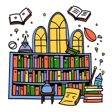 A whimsical wizard's library with shelves overflowing with colorful, floating books. The books are various sizes, some with glowing symbols on their spines. In the air, a few books are open, pages fluttering as if being read by an unseen hand. Magical artifacts are scattered throughout the library, including a crystal ball on a small table, a potion bottle filled with a shimmering liquid, and an ornate wand leaning against a stack of scrolls. The library has tall, arched windows letting in soft, golden light, illuminating the dust motes dancing in the air.