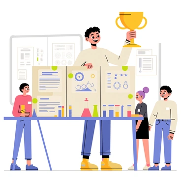 A student with a bright smile is proudly holding a golden trophy above their head. They are standing in front of their award-winning science project, which is a colorful display board filled with diagrams and illustrations. Various science tools like beakers and test tubes are arranged neatly on the table beside the project. The background features a classroom setting with posters related to science on the walls and students watching in admiration.