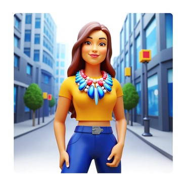A stylish individual wearing a fashionable outfit stands confidently in an urban setting. The person is showcasing a large, eye-catching statement necklace made of bold colors and intricate designs. The background features modern buildings and street elements, enhancing the contemporary vibe. The individual's pose is assertive, with a slight tilt of the head and a confident smile, capturing attention in the bustling city environment.