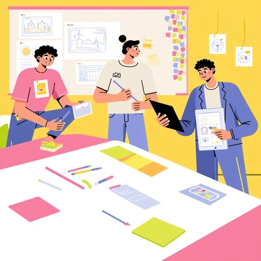 A group of three students is gathered around a large table covered with colorful sheets of paper. One student is drawing scenes on a white sheet, while another is writing notes beside it with a blue marker. The third student is holding a tablet, showing additional ideas and images for the storyboard. The table has scattered art supplies such as colored pencils, markers, and sticky notes. Behind them, a brightly decorated classroom wall displays posters related to theater and creativity.