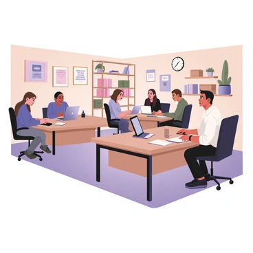 A digital flat illustration depicting an evening scenario inside a coworking space. The room is filled with warm, ambient lighting that creates a cozy atmosphere. Several desks are occupied by individuals who are focused on completing their work. On the left, a woman with long brown hair is typing on a laptop, wearing a blue sweater and grey jeans. Beside her, a man with short black hair is reviewing documents, dressed in a white shirt and black trousers. In the background, a group of three people are engaged in a discussion, their faces animated and expressive. The walls are adorned with green plants and motivational posters, and there are shelves filled with books and office supplies in the corners. A clock on the wall shows it is nearly 7 PM.