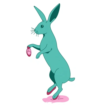 A teal hare stands on its hind legs in an elegant ballet pose, showcasing its grace and poise. The hare is wearing a pair of tiny pink ballet shoes that accentuate its delicate feet. Its long ears are perked up, adding to the sense of alertness and grace. The background is a soft blend of teal and pink, emphasizing the hare's performance. The hare’s fur is smooth and well-groomed, reflecting the care taken in its appearance as it prepares for the dance.