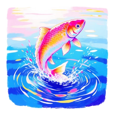 A fish with shimmering scales leaps out of the water, its body arched gracefully in the air. Sunlight glistens off its surface, creating reflections that dance in vibrant hues. Below, the water surface is disturbed, showing circular ripples expanding outward from the point where the fish will re-enter. Clear blue water surrounds the fish, and droplets scatter into the air, catching the light. The scene captures the dynamic moment of the fish's leap amidst the serene aquatic environment.