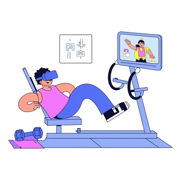 A person wearing a virtual reality headset is positioned in front of a leg press machine in a home gym setting. The individual is actively pushing against the footplate of the leg press machine. On the screen of the headset, a virtual workout guide is visible, showcasing an animated instructor demonstrating exercises. The surrounding area features dumbbells and yoga mats, with bright lighting illuminating the space.