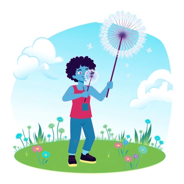 A young child with curly hair and bright, curious eyes is standing in a lush green field. They are holding a dandelion puff in their small hands, poised to blow. As the child exhales, a gentle explosion of seeds disperses into the air, creating a swirling cloud of delicate white seeds that catch the sunlight. The background features a clear blue sky with a few fluffy white clouds, and patches of colorful wildflowers dot the landscape. The scene captures the wonder and joy of childhood in a vibrant and lively setting.