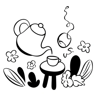 A breast-shaped teapot is pouring tea into matching teacups placed on a small, round table. The teapot features rounded, exaggerated curves and a delicate handle. The cups are elegantly designed, complementing the teapot's style. Steam rises from the cups, adding a dynamic element to the scene. The background is filled with whimsical plants and flowers, creating a playful atmosphere.