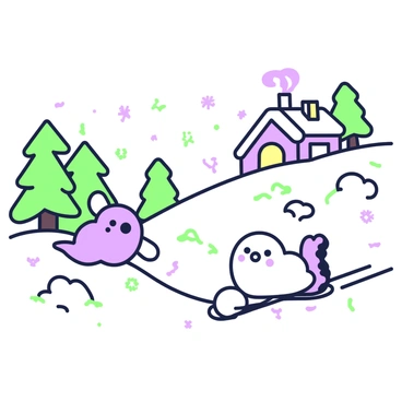 A winter landscape is covered in a thick layer of snow, creating a soft, white blanket across the ground. In the foreground, there are several playful characters inspired by Emily Nash's creations. One character is a small creature with a round body and large expressive eyes, happily rolling a snowball. Another character, with a fluffy tail and oversized ears, is sliding down a gentle slope on a sled. In the background, snow-covered pine trees stand tall, and a cozy cabin can be seen with smoke curling from its chimney. The sky is clear, and the sunlight glistens off the snow, creating a sparkling effect throughout the scene.