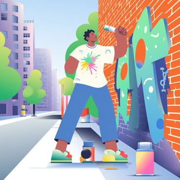 A vibrant mural is being painted on a textured brick wall in downtown Portland. The mural features bold colors, including shades of blue, orange, and green, depicting abstract shapes and dynamic patterns. In the foreground, a male artist with dark brown hair is applying paint to the wall using a large brush. He is wearing a white t-shirt splattered with paint, and there are several paint cans in various colors arranged at his feet. The background showcases nearby buildings and trees, providing context to the urban environment. Bright sunlight casts shadows, emphasizing the lively atmosphere of the scene.
