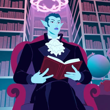 Lucifer is portrayed as a tall figure with pale skin and sharp features, dressed in elaborate Victorian-era attire, including a dark velvet frock coat, a white ruffled shirt, and a cravat. He sits elegantly in a plush, tufted leather armchair, surrounded by towering bookshelves filled with antique books. The library is dimly lit by a grand chandelier, casting soft, warm light across the room. He holds an old, leather-bound tome open on his lap, while his intense gaze focuses on the pages. A large globe and a vintage clock are visible in the background, enhancing the opulent, scholarly atmosphere of the space.