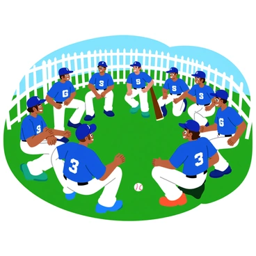 A baseball team huddled together on a green field, discussing their next play with focused expressions. The players are wearing bright blue and white uniforms, each with their team logo prominently displayed. Some players are crouched down, while others stand with hands on their hips, showing their determination. The sun is shining brightly, casting vibrant shadows on the grass. In the background, a wooden baseball bat leans against a white picket fence, and a baseball rests on the ground nearby. The scene captures the energy and teamwork of the moment.