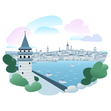 A panoramic view reveals "Galata Tower" prominently positioned in the foreground. The tower is made of stone and features a conical roof. Surrounding the tower is the "Golden Horn," its waters reflecting the surrounding cityscape. Across the water, numerous buildings stretch across the skyline, showcasing a variety of architectural styles. The sky above is filled with soft, gradient pastel colors transitioning from light blue to pink, creating a serene backdrop for the scene. The overall composition captures the essence of the city, with lush greenery and bustling waterfront activity in the foreground.