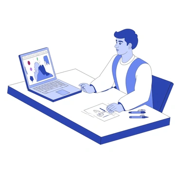 An artist is seated at a table, engaged in a salary negotiation. The table has a sleek design, and on it, there is a laptop open, displaying vibrant digital artwork. The artist appears focused, with a thoughtful expression as they discuss terms. The laptop screen shows a detailed illustration, with various tools and color palettes visible in the software interface. Papers and a pen are also present on the table, indicating a formal negotiation setting. The overall atmosphere conveys a serious yet professional interaction.