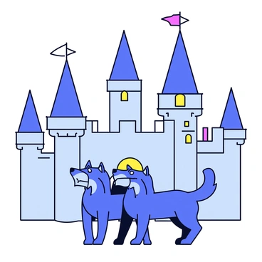 A three-headed Cerberus standing at the entrance of a grand fantasy castle. The castle features high turrets adorned with flags and colorful banners fluttering in the breeze. The castle walls are made of stone with intricate carvings visible. The Cerberus has sleek fur and is positioned firmly, each head facing a different direction. The scene is set against a clear sky, highlighting the grandeur of the castle.