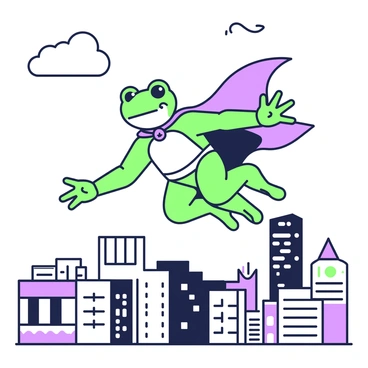 A heroic frog wearing a cape is soaring through the skies above a city. The frog is in mid-air, with its arms outstretched and a determined expression on its face. Below, the city is visible with buildings of various shapes and sizes, some with large windows reflecting sunlight. The skyline features a mixture of tall skyscrapers and shorter structures. The frog's cape billows dramatically behind it, highlighting its movement and agility as it glides above the urban landscape.