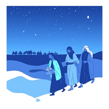 Three figures dressed in long robes, each in a different color, are traveling across a vast desert. The men are walking in a line, their faces illuminated by the soft glow of the stars above. The night sky is filled with bright stars scattered across the deep blue expanse, creating a tranquil backdrop. The desert landscape features gently rolling sand dunes, with shadows cast by the moonlight. In the distance, the faint outline of a caravan can be seen against the horizon, adding depth to the scene. Each wise man carries a unique, ornate gift, symbolizing their journey.