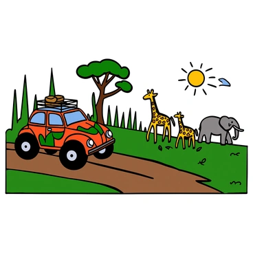 A modified Beetle car with large off-road tires, a roof rack, and camouflage paint parked on a dirt path. The setting includes tall green grass and acacia trees in the background. Nearby, a group of giraffes with long necks are grazing on leaves from the trees. In the distance, a family of elephants is walking, with one adult elephant and two young calves. The sun casts warm light over the scene, highlighting the animals and the vehicle.