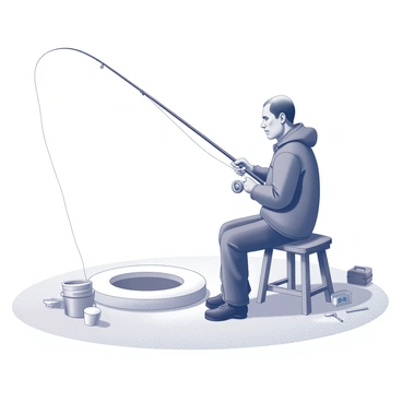 A fisherman is sitting on a wooden stool positioned next to a circular ice hole in a frozen landscape. He has a focused expression on his face, illustrating his patience as he holds a fishing rod. The rod is extended over the ice hole, with a line dangling into the water below. The surrounding area is covered in a thick layer of snow, and there are several tools and gear scattered nearby, including a bucket and a small tackle box. The sky above is overcast, adding a sense of stillness to the scene.