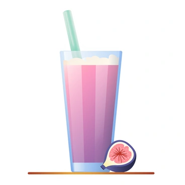A tall glass filled with a pink fig smoothie is placed on a wooden table. The smoothie has a thick, creamy texture, topped with a frothy layer. A shiny straw in a light green color is inserted into the glass, slightly angled to the side. On the rim of the glass, a ripe fig slice rests, showcasing its deep purple skin and pink flesh with tiny seeds visible. Soft lighting highlights the glass, creating a refreshing and inviting appearance.