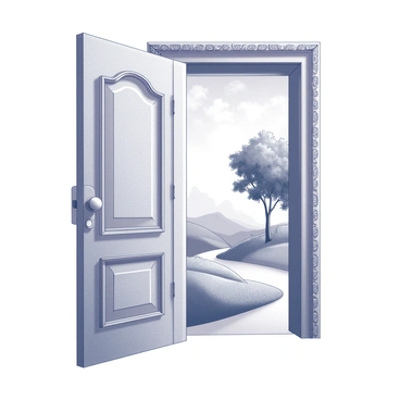 A door is ajar, revealing a view beyond. The doorframe is adorned with intricate carvings. Outside, a landscape unfolds, featuring rolling hills and a tree with lush foliage. The sky above the landscape is expansive, dotted with soft, fluffy clouds. The scene invites exploration, with a path winding through the greenery, leading further into the inviting surroundings. The interplay of light and shadow adds depth to the view beyond the door.