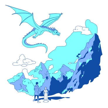 A duotone illustration depicts a "majestic dragon" soaring above a "rugged mountainous landscape." The dragon has "shimmering scales" that reflect light, creating a striking visual against the backdrop. Below, "sharp peaks" rise dramatically, with patches of "green foliage" clinging to the cliffs. The sky is "vast and dramatic," with clouds swirling around the mountain tops. In the foreground, a "small figure" stands in awe, gazing up at the dragon as it glides gracefully through the air, capturing the moment of wonder and adventure.