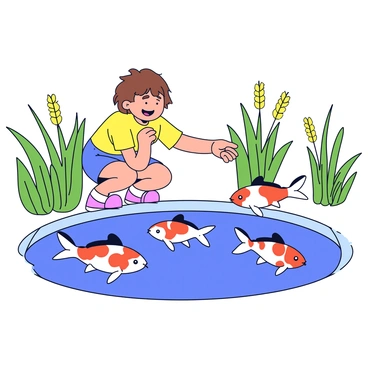 A child with brown hair, wearing a colorful t-shirt and shorts, is joyfully crouching at the edge of a pond. The child is extending their hand, holding a handful of fish food. Several koi fish with vibrant orange, white, and black patterns are swimming eagerly near the surface of the water, their mouths open wide to catch the food. The water is clear and reflects the bright blue sky above, while lush green plants and reeds surround the pond, adding a touch of nature to the scene.