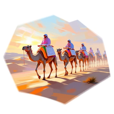 A caravan of camels is traversing a vast desert landscape, each camel adorned with colorful saddlebags. The camels are carrying large, rolled scrolls that feature intricate crossword puzzles. The sand dunes stretch endlessly in the background, and the sky is awash with a gradient of warm colors as the sun sets. The camels march in a line, their shadows elongated on the shimmering sand, while a few small tufts of vegetation dot the arid terrain. The scene captures the essence of adventure and exploration in a remote desert.
