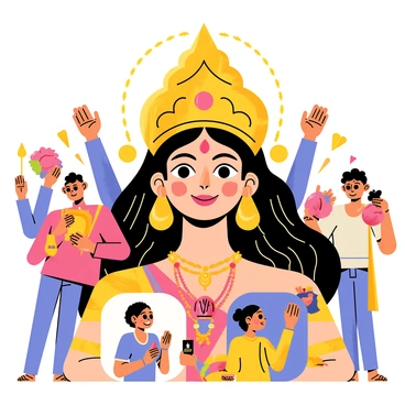 An illustration of "Durga's face" with intricate features conveying strength and compassion. Her face is adorned with traditional jewelry and vibrant colors. Surrounding her are "devotees" with expressive faces, showcasing joy and devotion. Some devotees hold "offerings" such as flowers and fruits, while others are in prayerful stances. The background is filled with colorful decorations and festive elements, creating a lively atmosphere.